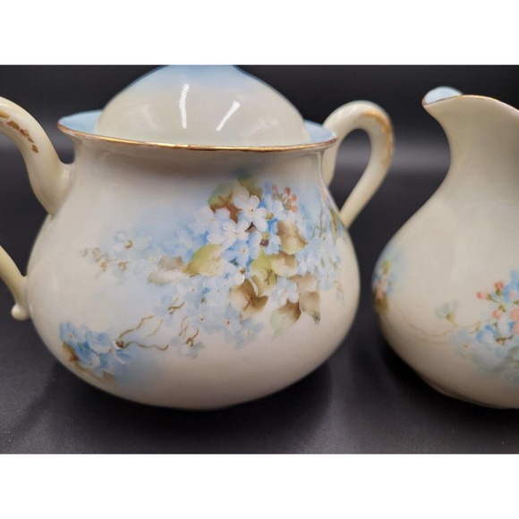 VTG Cream Sugar Set Hand painted Forget Me Nots Floral Porcelain Ceramic Blue - Picture 2 of 7